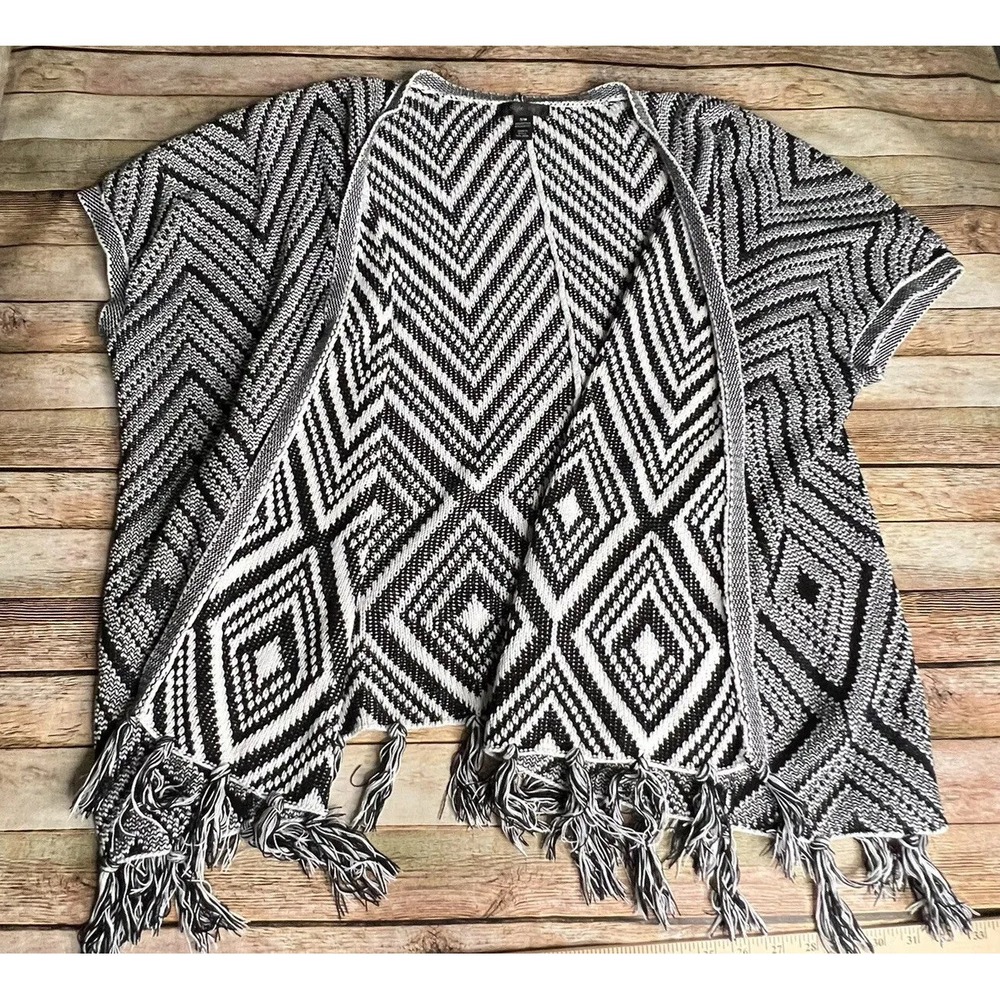 Style&Co Sweater Open Front Knit Women's Size Small / Medium Tassels Black White